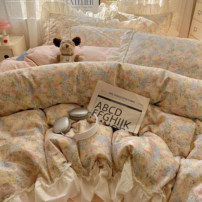 Французское кружево Комплект из четырех предметов для кровати Чистый хлопок Гипоаллергенный Комфортный Дышащий Стиранная простыня Пододеяльник Наволочка