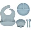 5Pcs Silicone Baby Feeding Set BPA Free Suction Bowl Divided Plate Wood Handle Spoon Fork Silicone Bibs Children Tableware