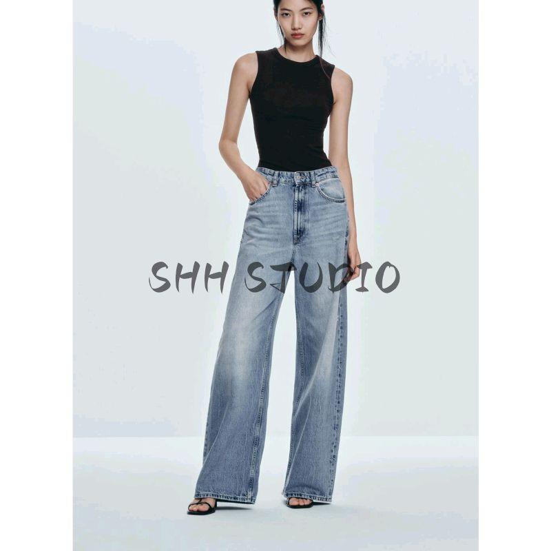Summer New Product Women's Clothes Metal Button Decoration Cotton Retro High Waist Extra Wide Trouser Legs Denim 6688027