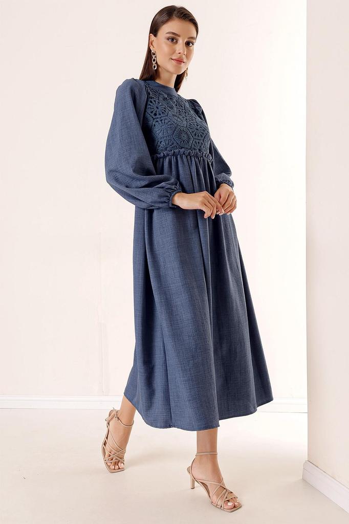 Laced Linen Effect Long Dress