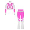 Girls Gymnastics Costume Long Sleeve Shiny Top Rhinestone Color Block Cross Back Flared Pants