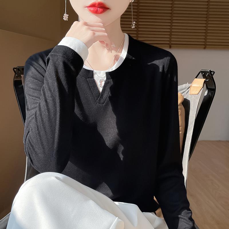 A Multicolored Knitted Sweater A Summer Thin Long-sleeved T-shirt Is Worn Over A Top As A Base Layer