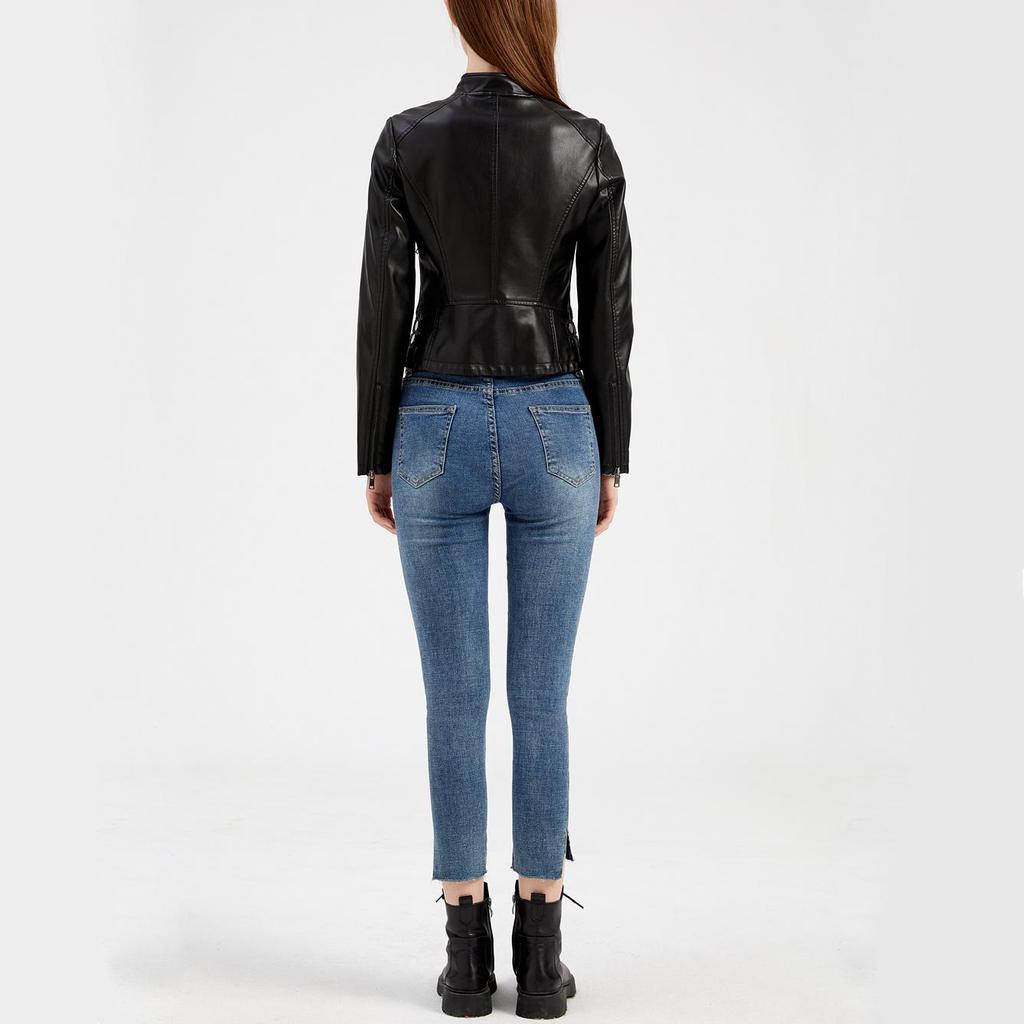 Women Faux Leather Jacket Cropped Zip Up Motorcycle Short PU Moto Biker Outwear Fitted Slim Coat with Pockets Stylish Rivets Punk Rock Fashion Blazer