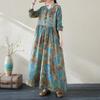 Spring Autumn Floral Print Round Neck Retro Loose Long Dress Long Sleeve Cotton Linen Dress Women's Clothing