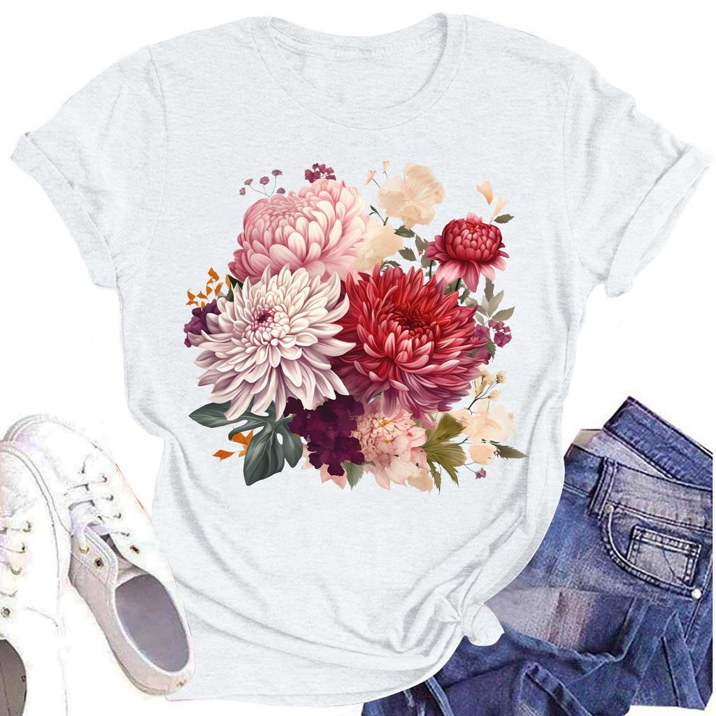 Women's Casual Round Neck Floral Print Short Sleeve T-Shirt Top