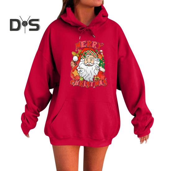 Женская рождественская толстовка с капюшоном с принтом Санта-Клауса, свободная, толстая, с длинными рукавами, эластичными манжетами и подолом, праздничная толстовка с капюшоном на шнурке и карманом