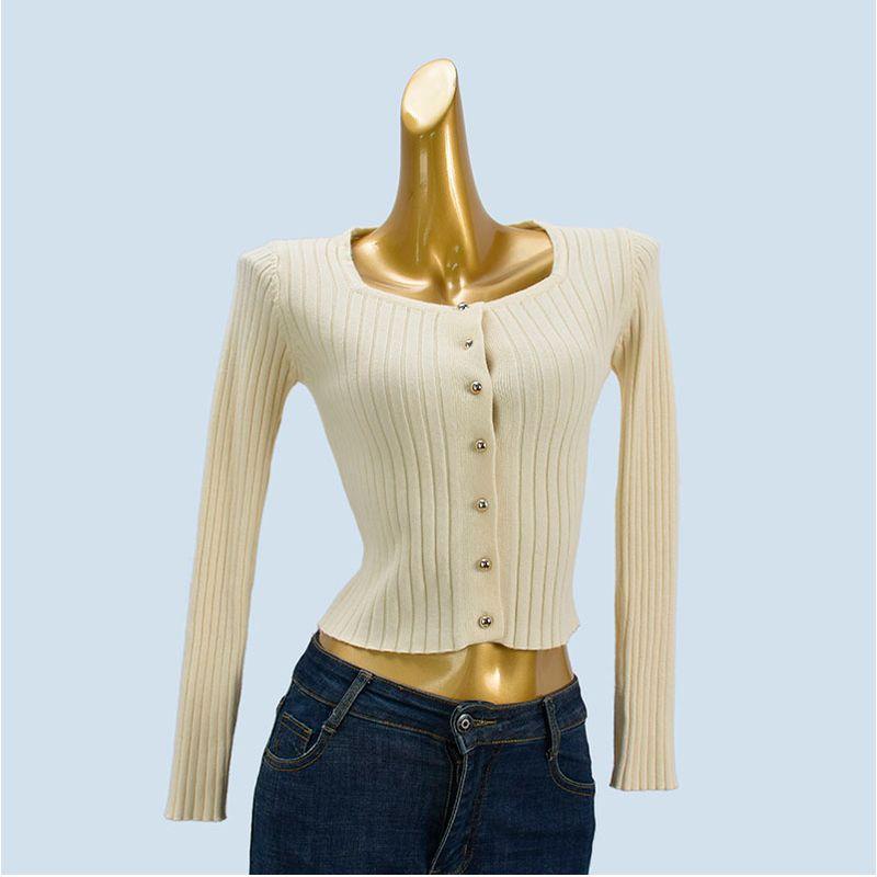 Sweet Solid Color Knitwear Female Spring Autumn Short Silm Slim Looking Square Collar Long Sleeve All-Matching Base Cardigan Top