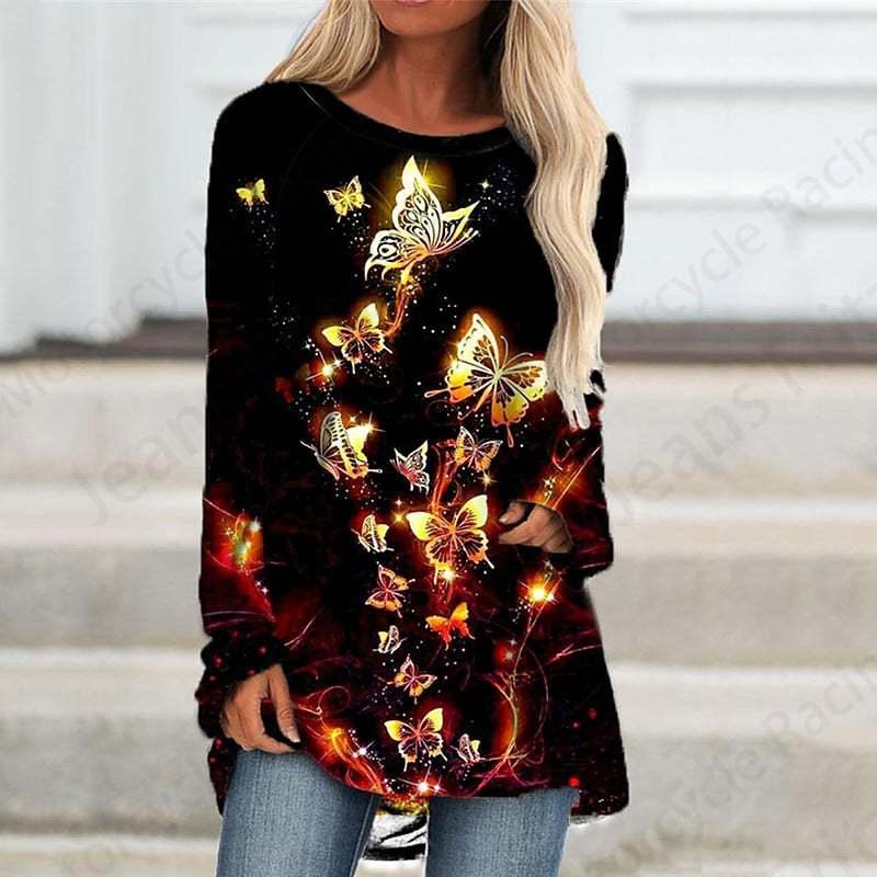 Футболка с длинным рукавом и принтом бабочки 3D, женская мода, длинная туника с круглым вырезом, женская осенняя одежда с изображением животных, женские топы в стиле Y2k