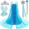 Princess Costume Long Cape Birthday Party Dress Up with Crown,Magic Wand,Wig,Gloves for Little Girls Blue Red