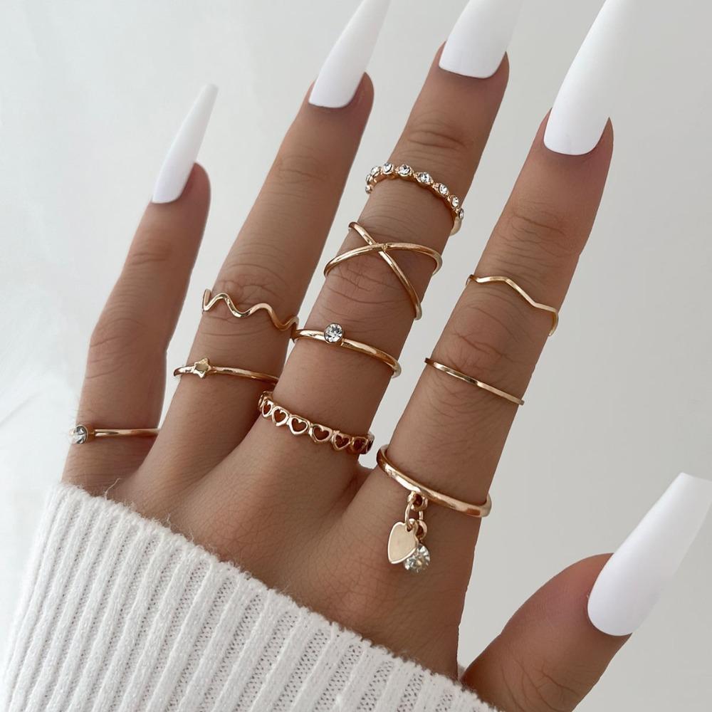 Gold/Silver Wave Joint Rings Set Alloy Love Chain Joint Ring New Multi Style Ring Set  Woman