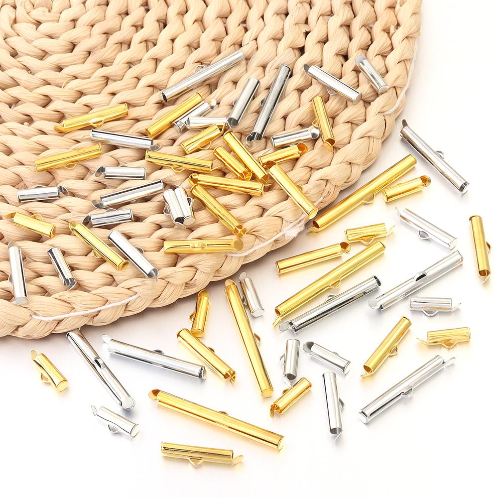 30-50pcs/lot Metal Crimp End Caps Gold Slider Clasp Buckles Tube Connectors For Jewelry Making Findings DIY Bracelet Accessories