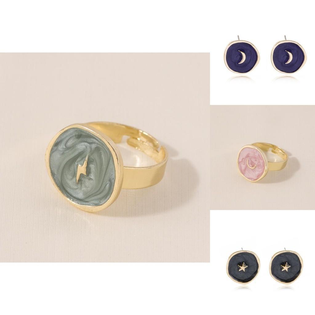 Элегантный набор украшений: серьги-кольца, ожерелье, кольцо с сердечками, луной и звездами, геометрический, из сплава с покрытием