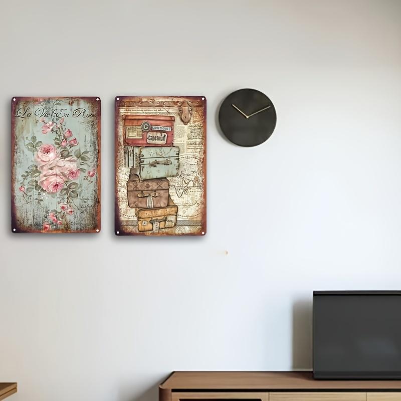 2Pcs 7.8×11.8in European Vintage Tin Paintings - Travel Music Flower Hot Air Balloon Decor - Indoor/Outdoor Wall Art for Home/Bar/Cafe