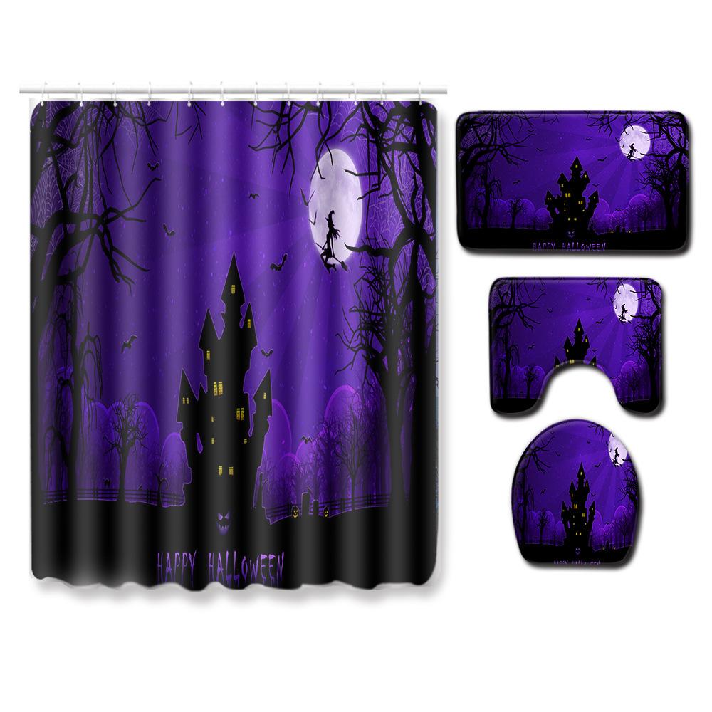 Halloween Series Bathroom Shower Curtain Floor Mat Toilet Cover Foot Mat Four-Piece Pattern Size