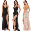 Sexy Women V Neck Maxi Sequin  Backless Split Cocktail Prom Gown Dress