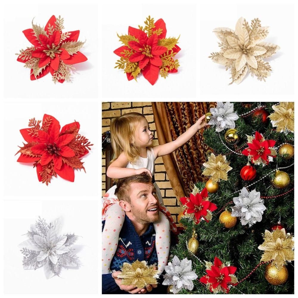 5pcs Shining Gold Powder Flower Fake Christmas Tree Decorations  Festival