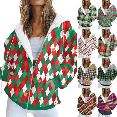 Женская модная повседневная толстовка с рождественским принтом и длинными рукавами, карманная куртка, пальто с капюшоном на молнии