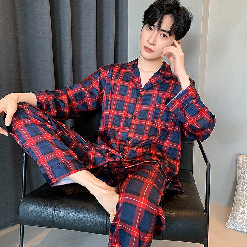 Мужской пижамный костюм весна-осень ледяной шелковый кардиган с длинными рукавами атласная пижама для мужчин домашняя одежда лето