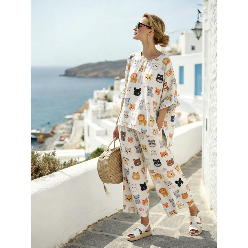 European and American casual style printing two-piece set 1116 new loose round neck shirt trousers set supply women's clothing
