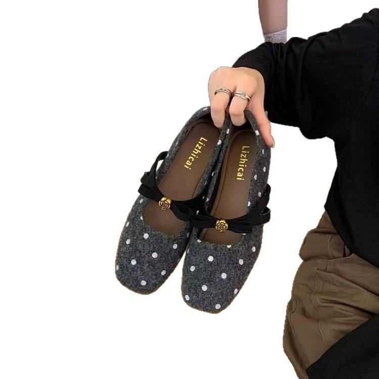 Inner height-increasing polka dot temperament camellia Mary Jane shoes autumn and winter new versatile bow single shoes