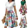 Women's Fashionable Retro Patterned Printing Color Blocked Belt Casual Dress