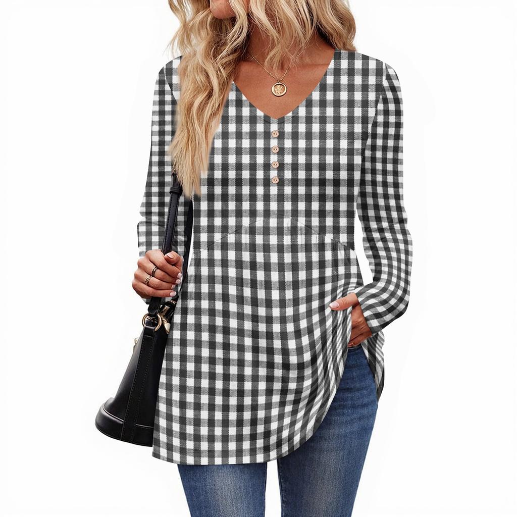 Женский повседневный модный топ с V-образным вырезом, на пуговицах, в клетку, с длинным рукавом
