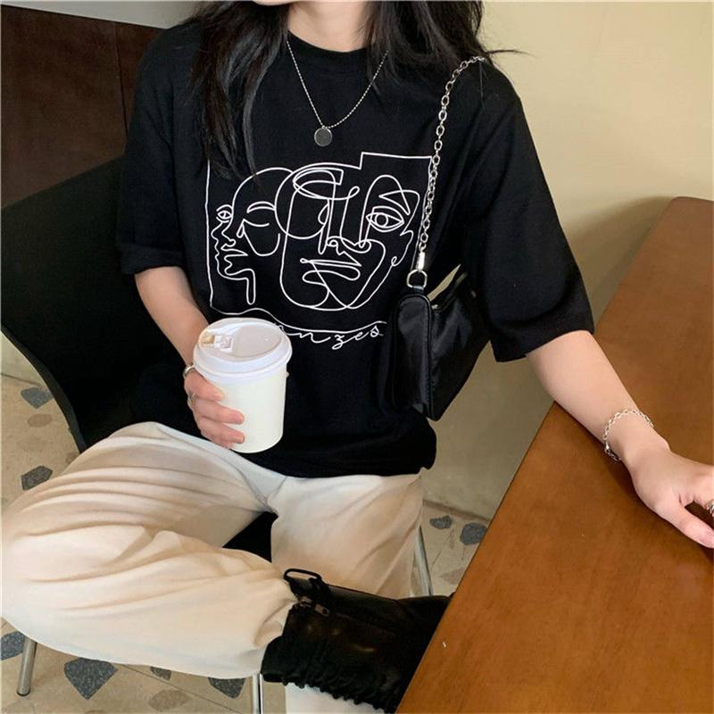 Hirsionsan Fashion Abstract Line Printed T Shirt Women Funny Graphic Soft Loose Female Tees Cotton Summer Casual Tops Khaki Tshirts 2021