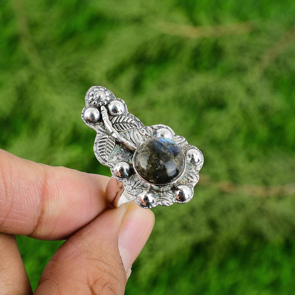 Mothers day Deal 925 Silver Natural Labradorite Flower New Promise Ring Jewelry