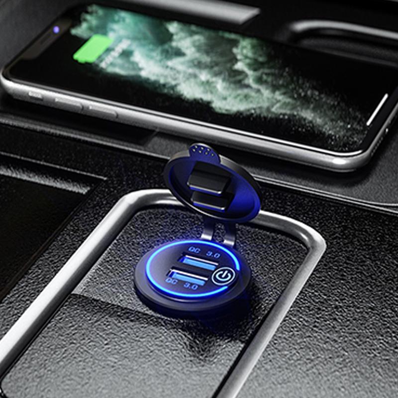 Быстрая зарядка 3,0, двойное автомобильное зарядное устройство USB, водонепроницаемое, 12 В/24 В, Qc3.0, USB-разъем для быстрого зарядного устройства, розетка с сенсорным переключателем