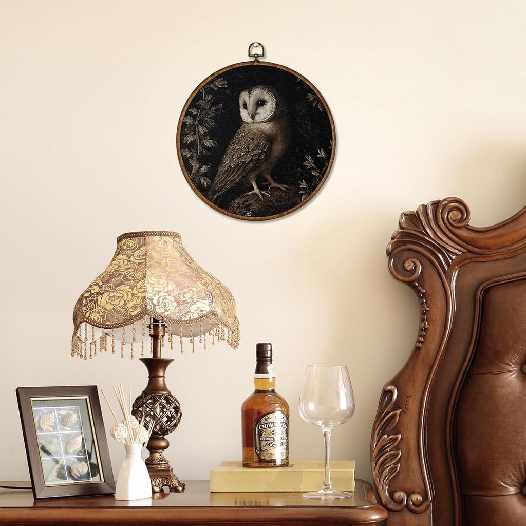 Voxitura Vintage Midnight Owl Fall Wall Art Round Framed, Black Goth Dark Wall Decor Canvas Hanging Living Room, Rustic Gothic Paintings Prints