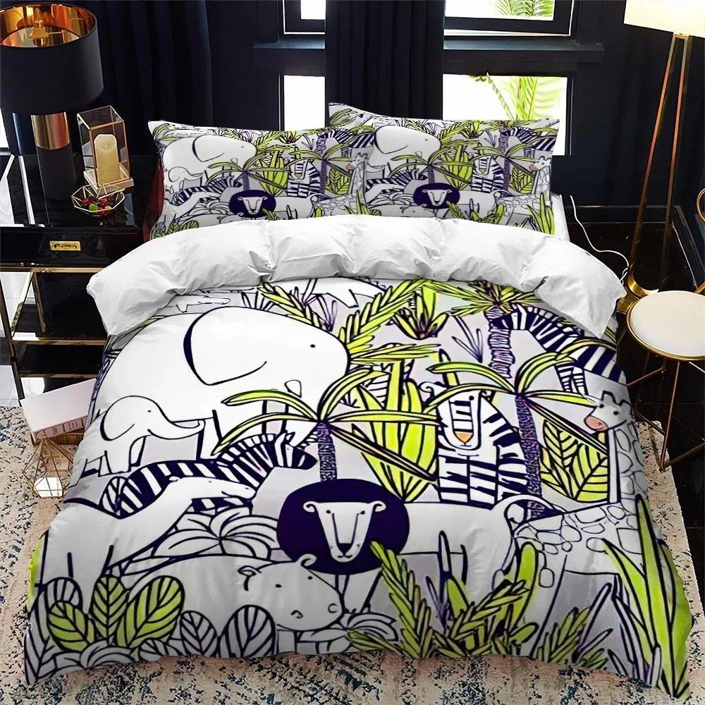 Cartoon Animal Duvet Cover King Queen Zoo Tiger Elephant Lion Bedding Set Kids Colorful Wildlife 2/3pcs Polyester Quilt Cover