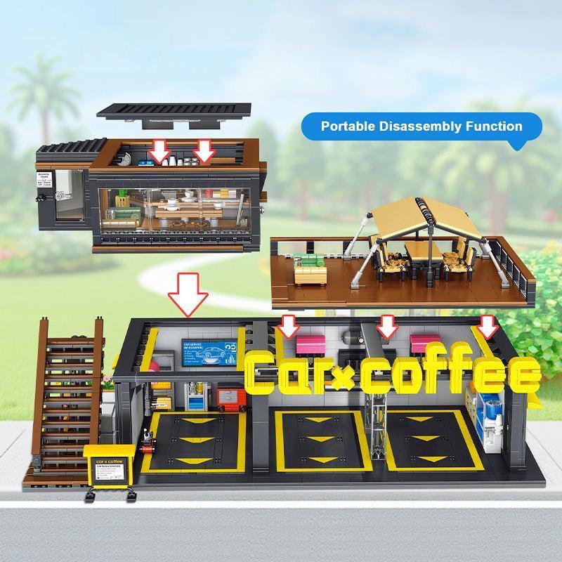 2469PCS Classic Street View Coffee Car Club,MOC Creative City Coffee Shop Model Bricks Assembling Building Block DIY Toys Gifts