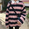 Color Striped Patchwork Hoodies Women Long Sleeve T Shirt Turn Down Collar Long Sleeve Button Tees Casual Top