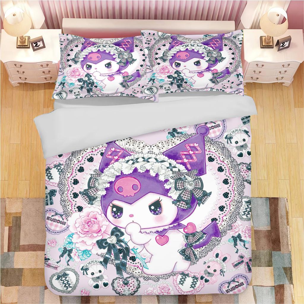 Серия Sanrio Набор постельного белья пододеяльник Kuromi для детей Размер King-size Роскошный чехол 100% Полиэстер 3 предмета Рождественские подарки Декор для дома