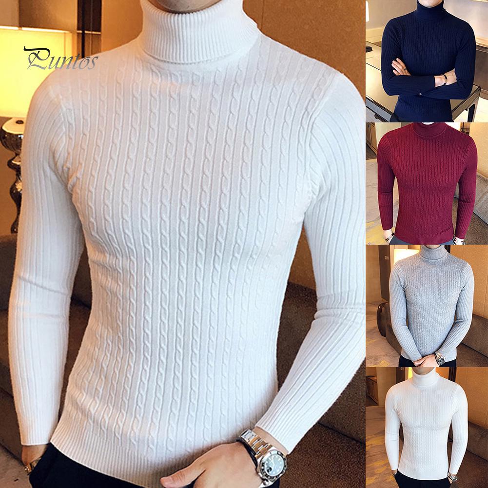 Casual Men Winter Solid Color Turtle Neck Long Sleeve Twist Knitted Slim Sweater