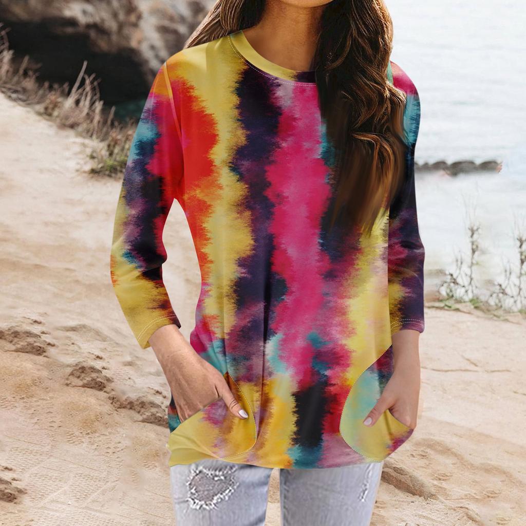 Женская модная повседневная футболка с карманом и круглым вырезом с рукавами 3/4 и топом