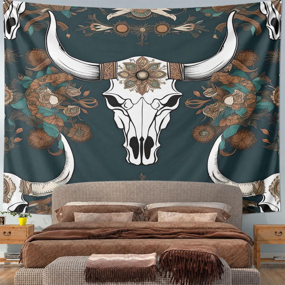 Boho Skull with Floral Pattern Design Pattern Wall Hanging Tapestry Decorative Tapestry Home Decor for Bedroom and Living Room
