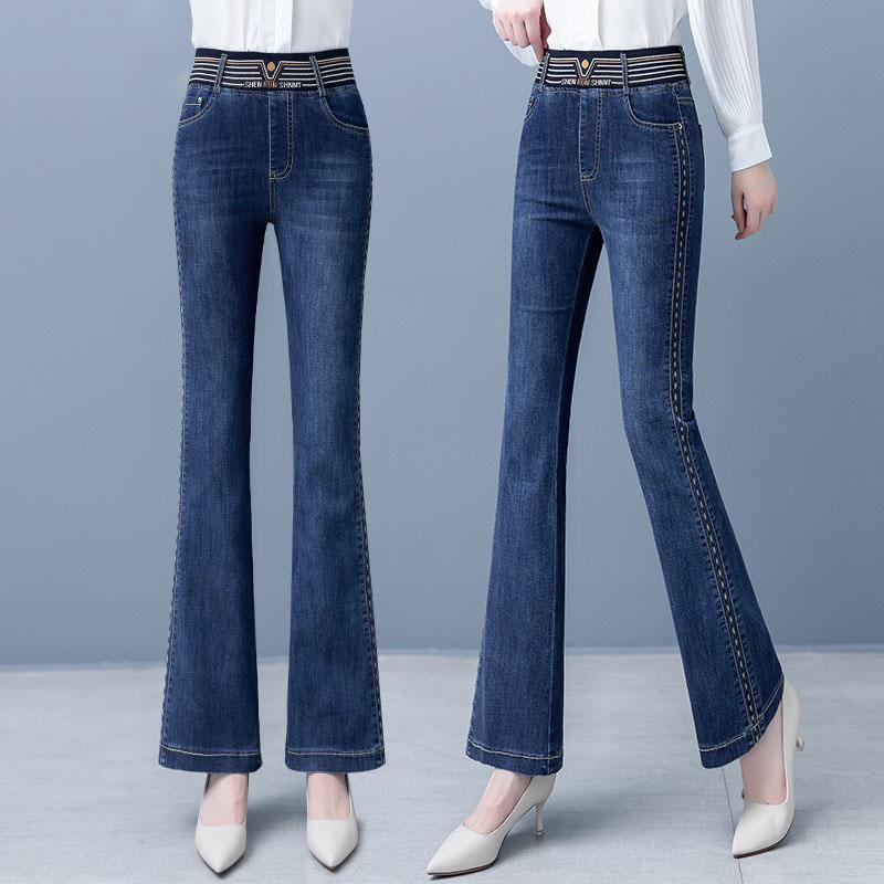 Осенние женские эластичные повседневные однотонные расклешенные брюки с высокой талией