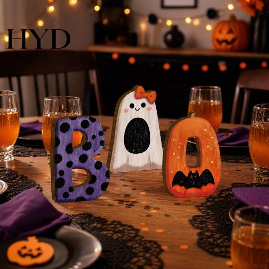 Small Halloween Figurine 3Pcs/Set Wooden Statues, Letter Bat Pumpkin Ghost with Bowknot Deisgn, Desktop Decor Ornaments, Holiday Party & Scene