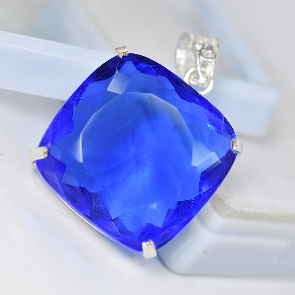 Lab-Created Blue Topaz Pendant 94 ct 925 Sterling Silver Cushion Cut Gemstone Jewelry Gift