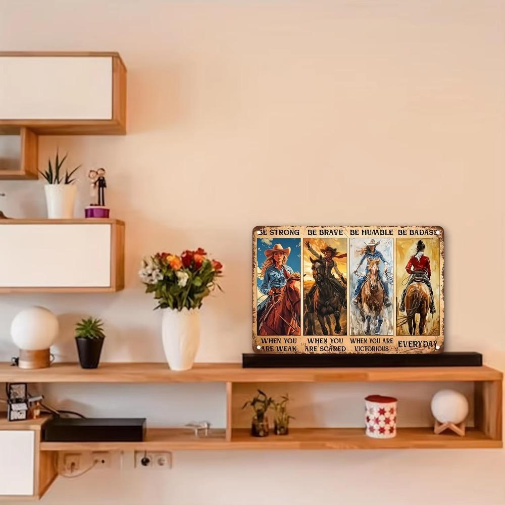 Vintage Cowgirl Motivational Metal Sign - Retro Rodeo Decor, Inspirational Wall Art for Women, 'Be Strong, Brave