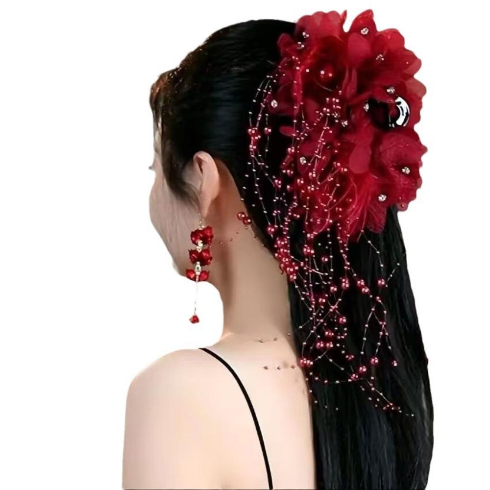 Fashion Cloth Grasping Clip Tassel Four Flowers Hair Claw Feather Flower Pearls Hair Accessories for Girl
