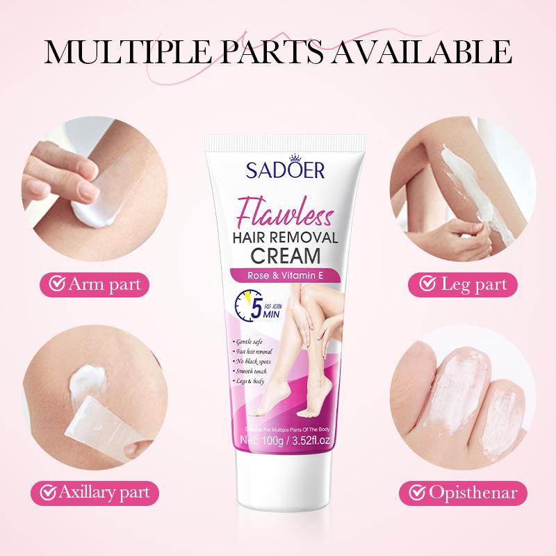 Hair Removal Cream, Rose EV Smooth and Flawless Hair Removal Cream 100g, Non Irritating, Smooth