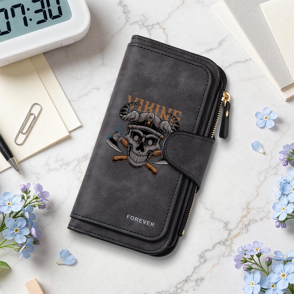 Viking Skull Print Leather Long Wallet Fashion Casual Multi Card Holder Purse