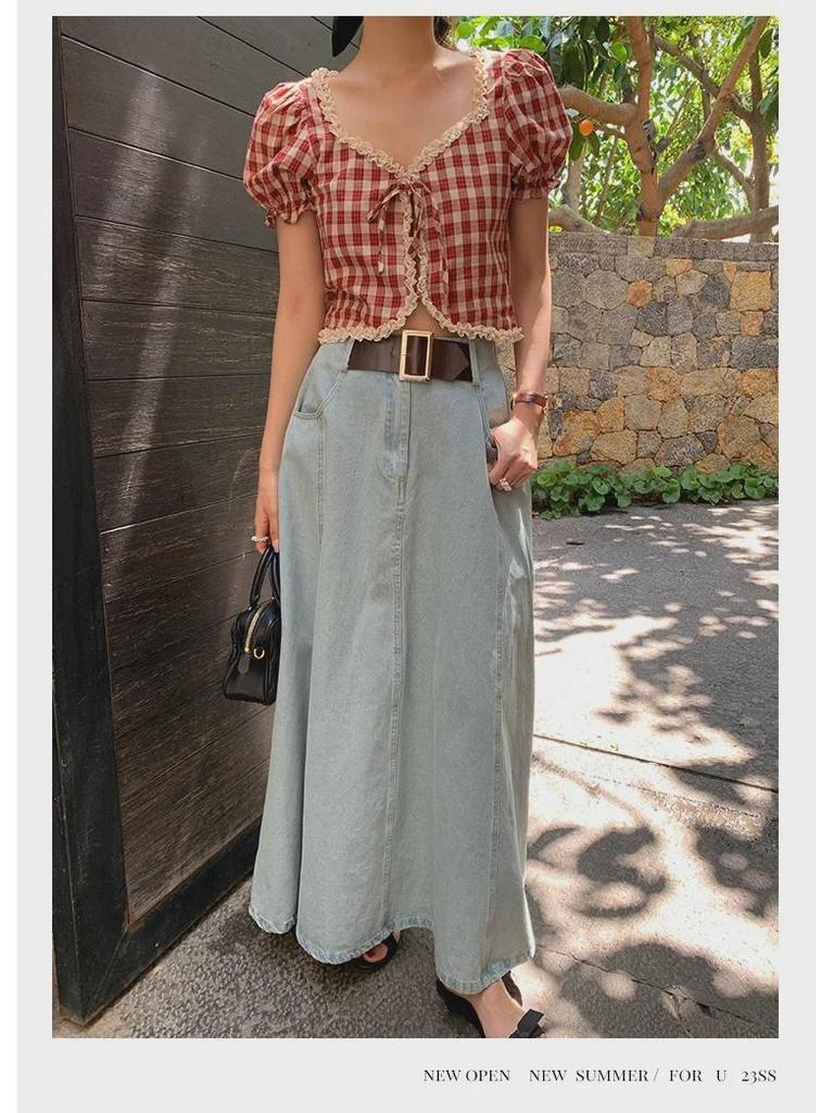 Женский топ 2023 года в французскую клетку со шнуровкой и оборками с квадратным вырезом