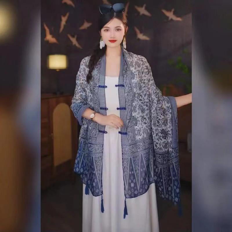 Womens Vintage Ethnic Style Knitted Shawl With Button Lightweight Sun Protection Scarf Travel