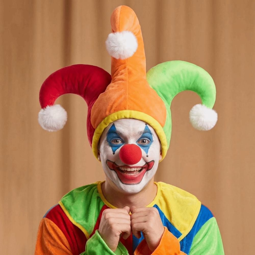 Color Block Clown Hat with White Pom Poms Joker Hat Funny Halloween Party Hat Adult Funny