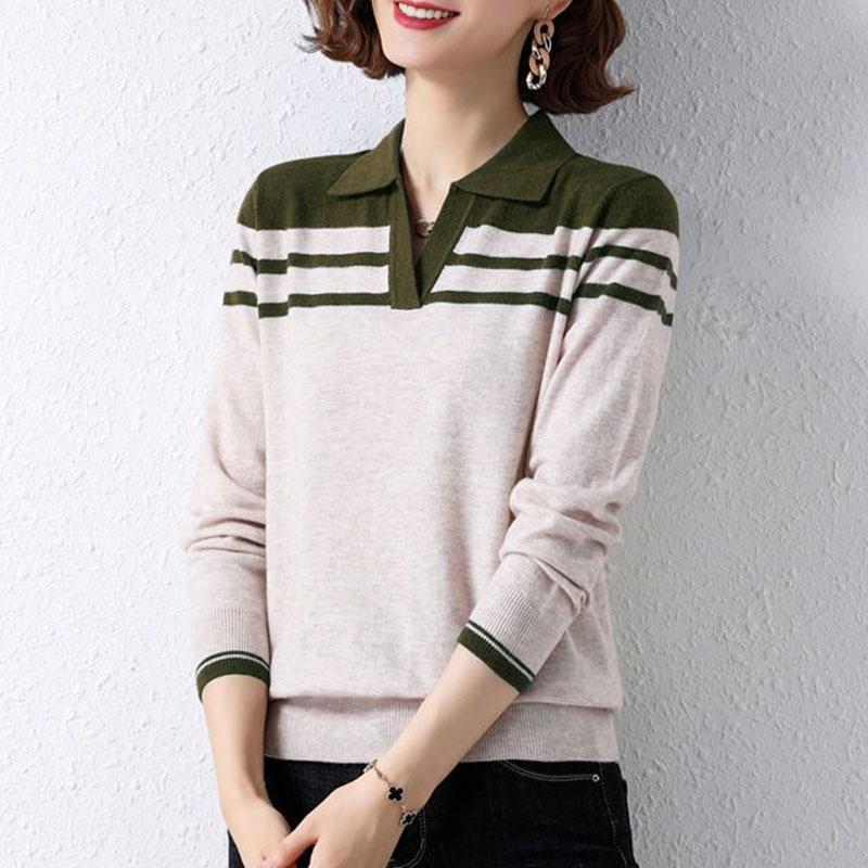 New Autumn Fashion Loose Versatile Polo Collar Panel Contrast Color Temperament Women's Knitted Long Sleeve Sweater