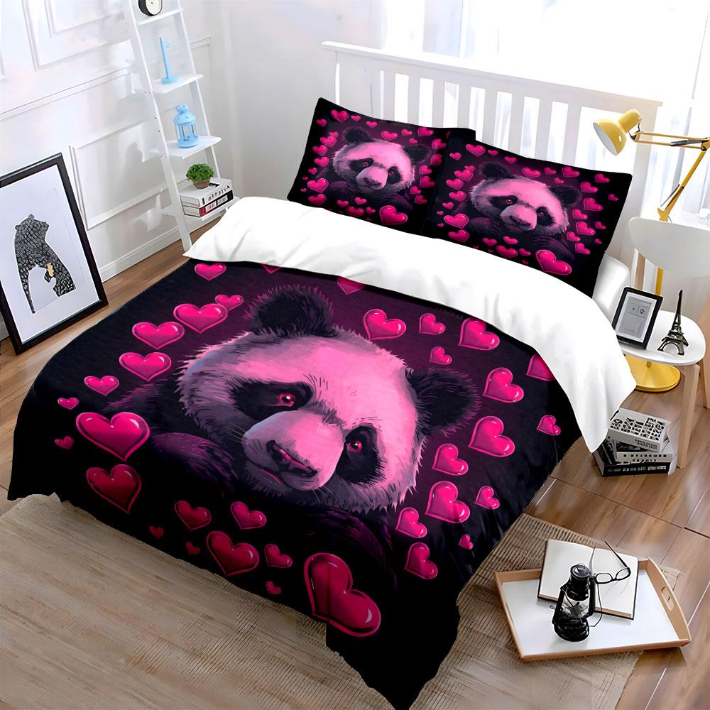 Cute Panda with Pink Hearts Bedding Duvet Cover Set (1*Duvet Cover 2*Pillowcases, without duvet insert)