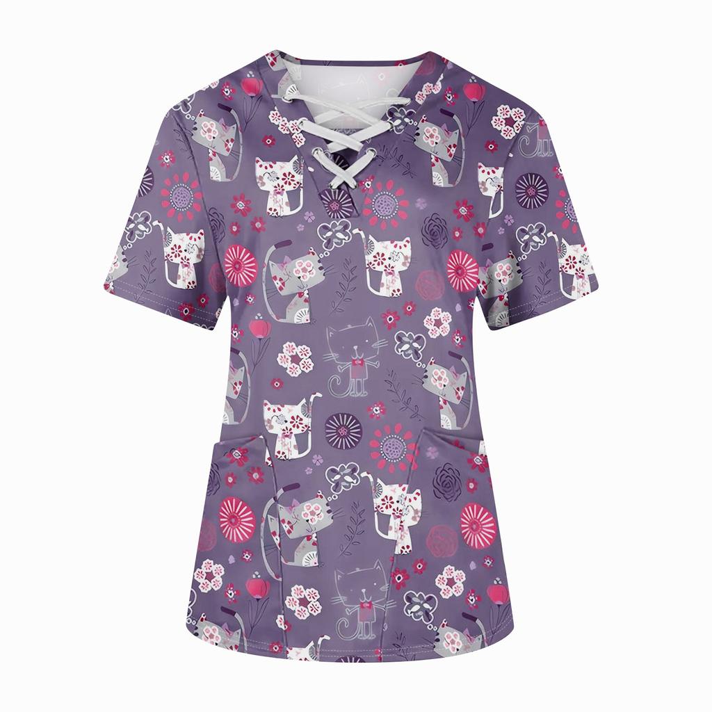 Плюс размерСкраб с принтом Рабочая форма Топы для женщин Крест V-образным вырезом Хэллоуин Принт с короткими рукавами Забавные футболки Спецодежда Футболка с карманами